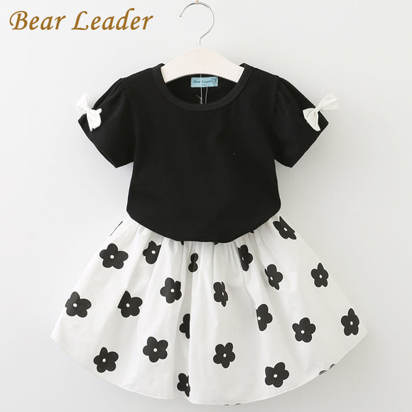 Black Bowknot Short T-shirt + Flowers Ball Gown Dress 2pc Set