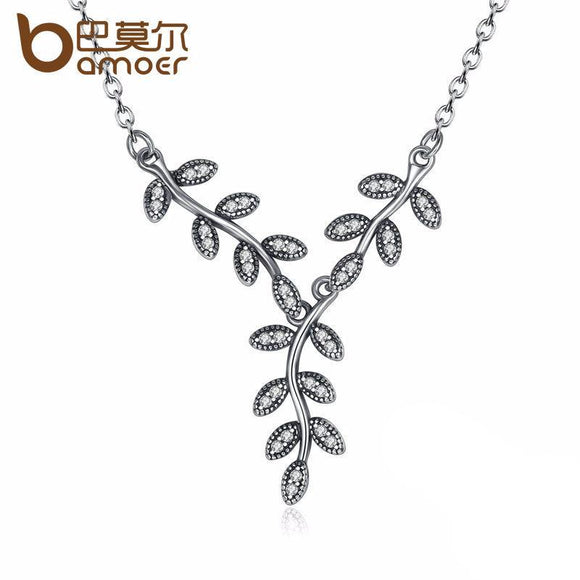 Silver Sparkling Leaves Long Pendant Necklace