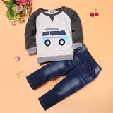 Boys Long Sleeve T-shirt + Jeans 2pcs Set Cartoon Car Pattern