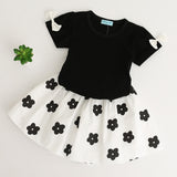 Black Bowknot Short T-shirt + Flowers Ball Gown Dress 2pc Set